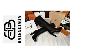Balenciaga Black Pebbled Leather Knee High Boots. Size 10.5- 4.5 Inch Heel - Picture 1 of 15