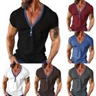 Mens Slim Fit V Neck T Shirt Short Sleeve Blouse with Buttons and Muscle Tops