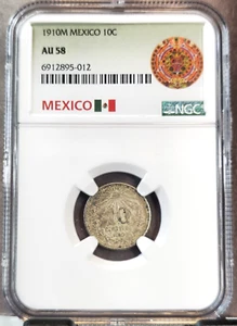 1910 MEXICO SILVER 10 CENTAVOS NGC AU 58 GOOD LOOKING COIN - Picture 1 of 3