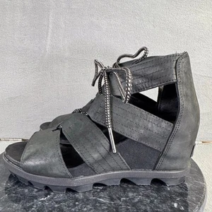 Sorel Joanie II Black Leather Gladiator Wedge Sandals Women’s Size 8.5 US - Picture 1 of 8