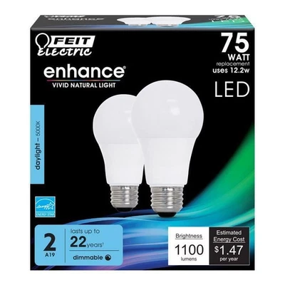 Feit Enhance A19 E26 (Medium) LED Bulb Daylight 75 Watt Equivalence 2 pk - Image 1 of 2