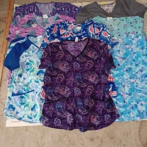 Women's Scrub Top Lot 8 shirts Disney, designs, patterns grey size L - Picture 1 of 7