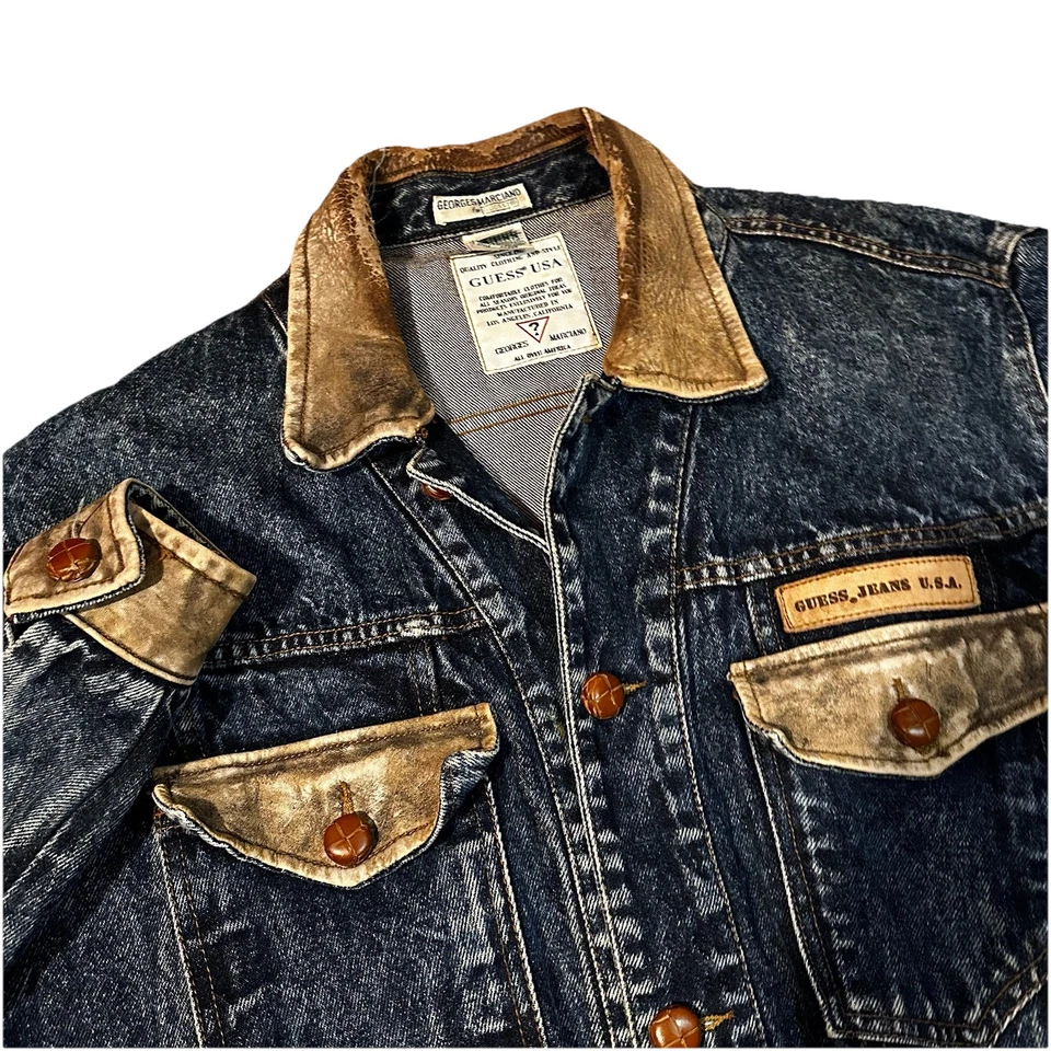 Guess Jeans Denim Leather Jacket Made In USA Size Medium Georges Marciano 80s - Image 1 of 4
