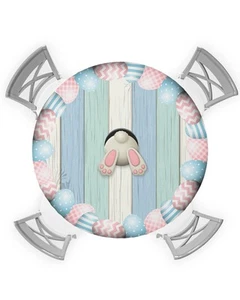 Round Fitted Tablecloth, Easter Egg Bunny Tail Spring Blue Green Wood Grain W... - Picture 1 of 6