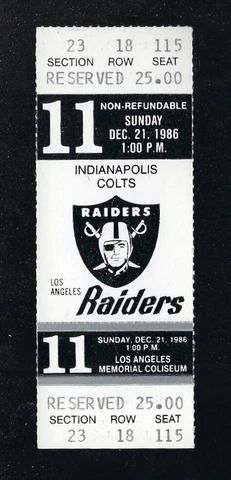 JIM PLUNKETT & RAY GUY FINAL GAME - VINTAGE 1986 COLTS @ RAIDERS FULL TICKET Cover