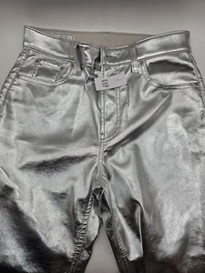 Pantalones Gap Nuevos con Etiquetas Cheeky Rectos Tiro Alto Metálicos Plateados Cuero Talla 27/4 - Imagen 1 de 5