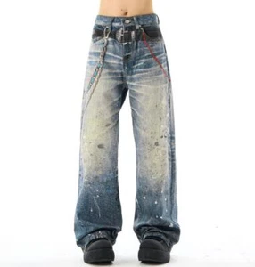 Pantalones de hombre retro azul denim estampado informales de pierna recta pantalones de moda punk - Imagen 1 de 8