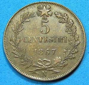 Italy 5 Centesimi Copper Coin 1867 N collectible grade KM-3.3, Combined Shipping - Bild 1 von 2