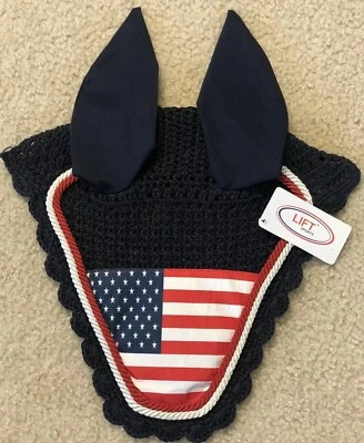 LIFT SPORTS USA American Flag Horse Bonnet Ear Net Veil Hand Made Cotton Crochet Navy Mask