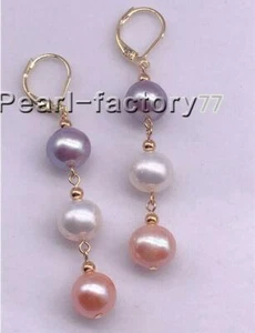 Real Natural AAA+ 9-10mm white pink purple SOUTH SEA PEARL EARRING 14K GOLD - Picture 1 of 3