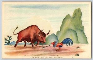 Postcard Cock Rooster vs Bull Fight Cartoon - Tijuana Mexico - Picture 1 of 2
