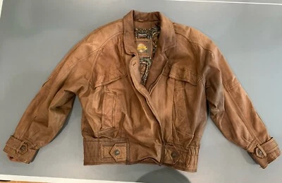 Adventure Bound Ladies Brown Leather Jacket Sz M Snap Closure Big Shoulder Look - Image 1 of 4