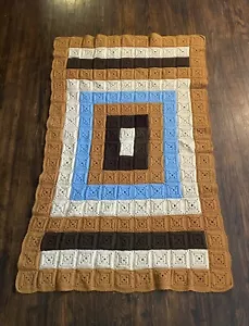Vintage Antique Extremely Heavy Weighted Crocheted Wool Brown Blue Lap Blanket - Picture 1 of 5