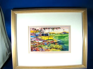 Gerahmtes Bild Insel Szene mit Booten 9" x 11" Aquarell @G - Bild 1 von 4