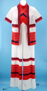 Vtg Women's 70s 2 Pc Red & White Striped Jumpsuit W/ Matching Shirt S/M 1970s - Picture 1 of 13