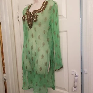 Grüner transparenter indischer KURTAS Sari Bronze Perlen Strass Pailletten Passe Ärmel - Bild 1 von 20