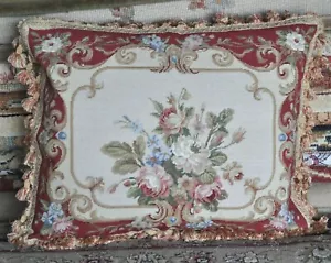 Wool Needlepoint Pillow Cover Petit Point Technique Rose Bouquet Cushion 16x20 - Picture 1 of 12