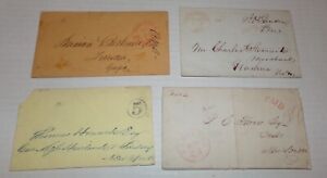 4 Fancy Cancel US Postal Stampless Covers NY 1836 BANK INVOICE FREE / PAID 5 LOT