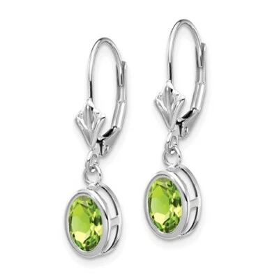 14k White Gold Oval Bezel Set Natural Peridot Leverback Dangle Dainty Earrings - Image 1 of 4