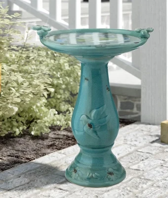 Керамическая антикварная ванна для птиц бирюзовый сад двор деревенский с двумя птицами. - Изображение 1 из 4