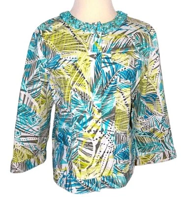 Ruby Red Jacket Tropical Beach Green Turquoise Stone Beading 3/4 Sleeve Petite L - Image 1 of 4