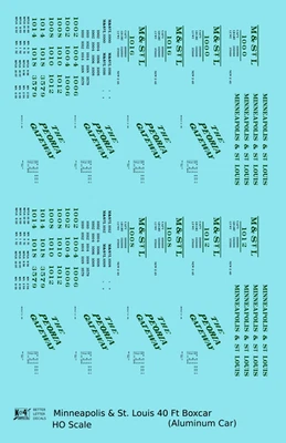 K4 HO Scale Decals Minneapolis & St Louis Aluminum 40 Ft Boxcar Dark Green Black - Image 1 of 3
