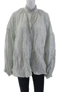 Claramonte Womens Striped High Neck Buttoned Long Sleeve Blouse Green Size 4 - Picture 1 of 4