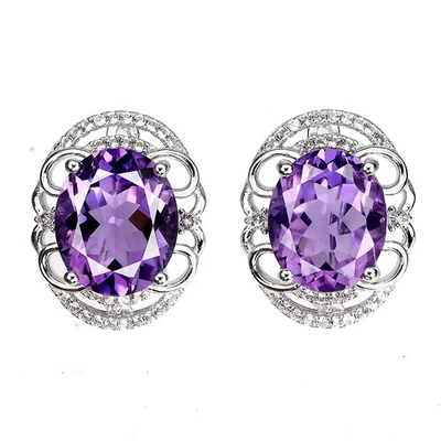 Pendientes de plata de ley 925 ovalados amatista púrpura 12x10 mm joyas de piedras preciosas Foto 1 de 4