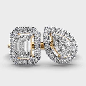 Pear & Emerald VVS1 Moissanite Toi et Moi Engagement Ring 14K Yellow Gold Plated - Picture 1 of 8