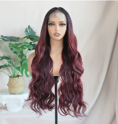 Long Wavy Rooted Burgundy Lace Front Free Part Synthetic Hair Wigs Women Daily - Image 1 of 4