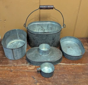 Vintage antiker LISK Metall Kohle Bergmann Eisenbahn Brot Eimer-Box mit 2 Tabletts, Tasse, Deckel - Bild 1 von 18