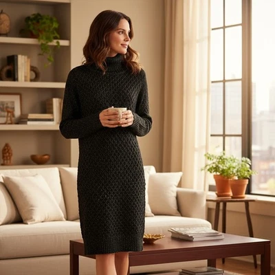 Nuevo con etiquetas Talla M Apt. Vestido Suéter 9 Cuello Alto Manga Larga Nido de Abeja, Negro. C-4 Foto 1 de 4