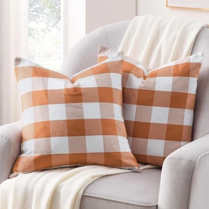 Set of 2 Fall Pillow Covers 18x18 Orange White Buffalo Plaid Farmhouse Throw Pil - Picture 1 of 12