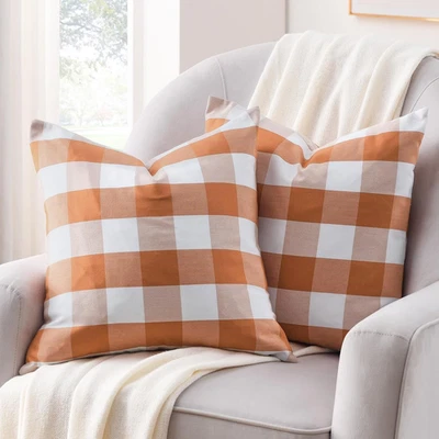 Set of 2 Fall Pillow Covers 18x18 Orange White Buffalo Plaid Farmhouse Throw Pil - Image 1 of 4