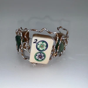 Hand Crafted Mahjong Bracelet 3 Bamboo Tiles 2 Green Glass Beads Twisted Wire - Picture 1 of 7