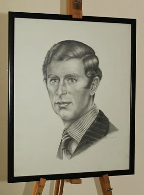 LINDA BIRKINSHAW Dibujo Grafito Enmarcado SAR el Príncipe Carlos, el Rey Carlos 1977 Foto 1 de 4