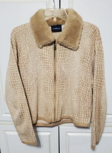 Liz Claiborne Jacket Full Zip Cardigan Faux Fur Collar Tan Women Large L-18 - Picture 1 of 15