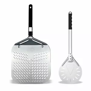 Pala Pizza Forata Alluminio 32x32 manico pieghevole + Paletta ruota pizza 8" - Foto 1 di 17