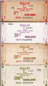 FEDERAL RESERVE CURRENCY WOOD BANDING BOARDS - DALLAS 1981: $5, $20, $50, $100 - Picture 1 of 1