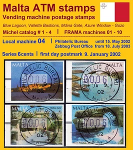 MALTA 2002 FRAMA ATM 1-4 / machine 04 Philatelic Bureau / 6c first day 9 JAN 02 - Picture 1 of 2