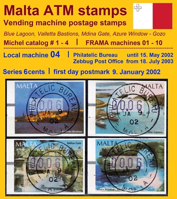 MALTA 2002 FRAMA ATM 1-4 / machine 04 Philatelic Bureau / 6c first day 9 JAN 02 - Image 1 of 2