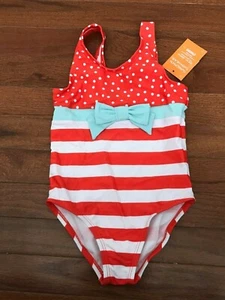 New Gymboree Girl Hot Coral Striped Dot Swimsuit with turquoise bow Size 4 4T - Picture 1 of 6