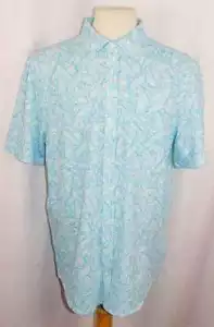 New Men's Cutter & Buck Reach Blue/Wht SS Oxford Leaf Print Button Front Shirt L - Picture 1 of 2