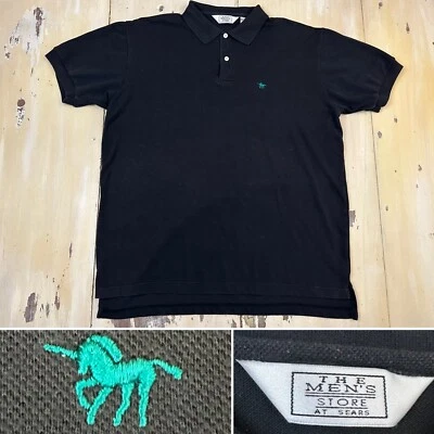 SEARS MENS STORE - Vtg 1980s Unicorn Black Cotton Polo Shirt, Mens LARGE TALL - Image 1 of 4