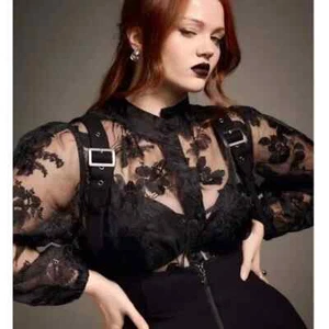 NWT Torrid 1 Nightfall Black Button Up Embroidered Mesh Top 1X 14 16 - Picture 1 of 11