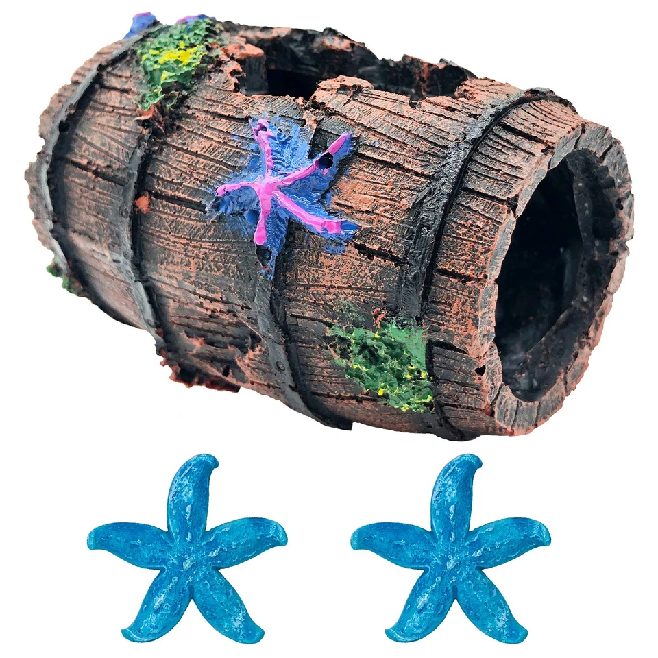 GSD Star-Fish Broken Barrel Decor Resin Betta Tank 3 Piece Set Blue