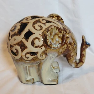 Glazed Ceramic Elephant Figurine Raised Trunk Openwork Design on Back - Picture 1 of 8