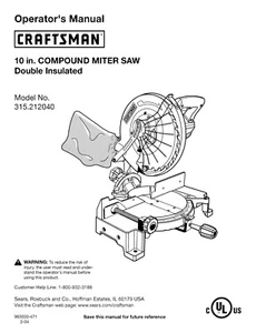 "Sierra ingleteadora compuesta Sears Craftsman 10"" manual del propietario y piezas - modelo 315.212040" - Imagen 1 de 5