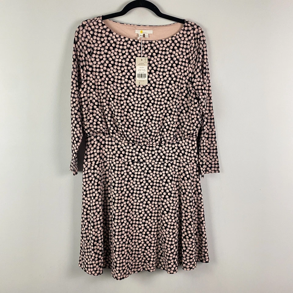 Boden Nellie Jersey Dress Women Size US 10P Black Pink Bubble 3/4 Sleeve J0875