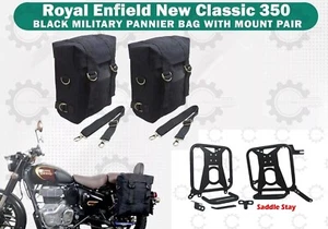 Fit For Royal Enfield "New Classic 350 Black Military Pannier Bags & Mount Pair" - Picture 1 of 19